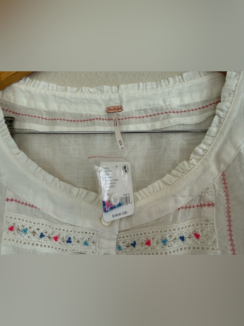 Free People “Ready For You” Ivory Peasant-style Embroidered 100% Cotton Blouse - Picture 2 of 12